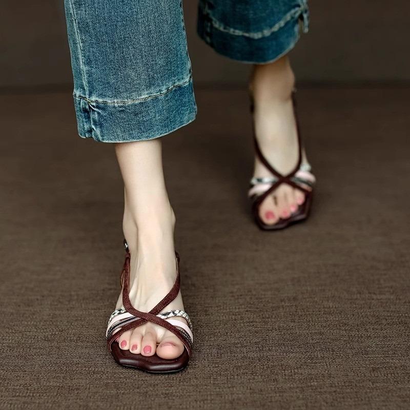 Fashion 2025 New Patchwork Fish Mouth Low Heel Sandals 2025 Summer New French Open Toe Short Heel Roman Shoes