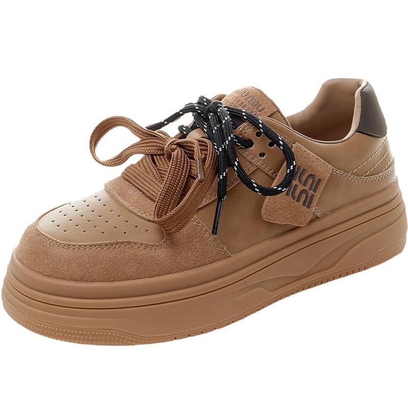 Leather platform women's spring new retro lace-up board shoes increase height and versatility