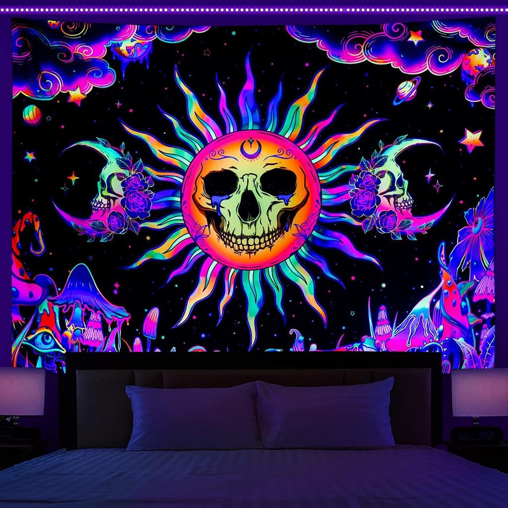 Trippy Mushroom Forest Blacklight Tapestry 2D Flat Printed UV Reactive Peach Skin Fluorescent Wall Hanging Bedroom Room Decor