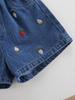 Two piece girls' casual cute and sweet strawberry bow printed vest paired with playful strawberry embroidery retro blue denim shorts set