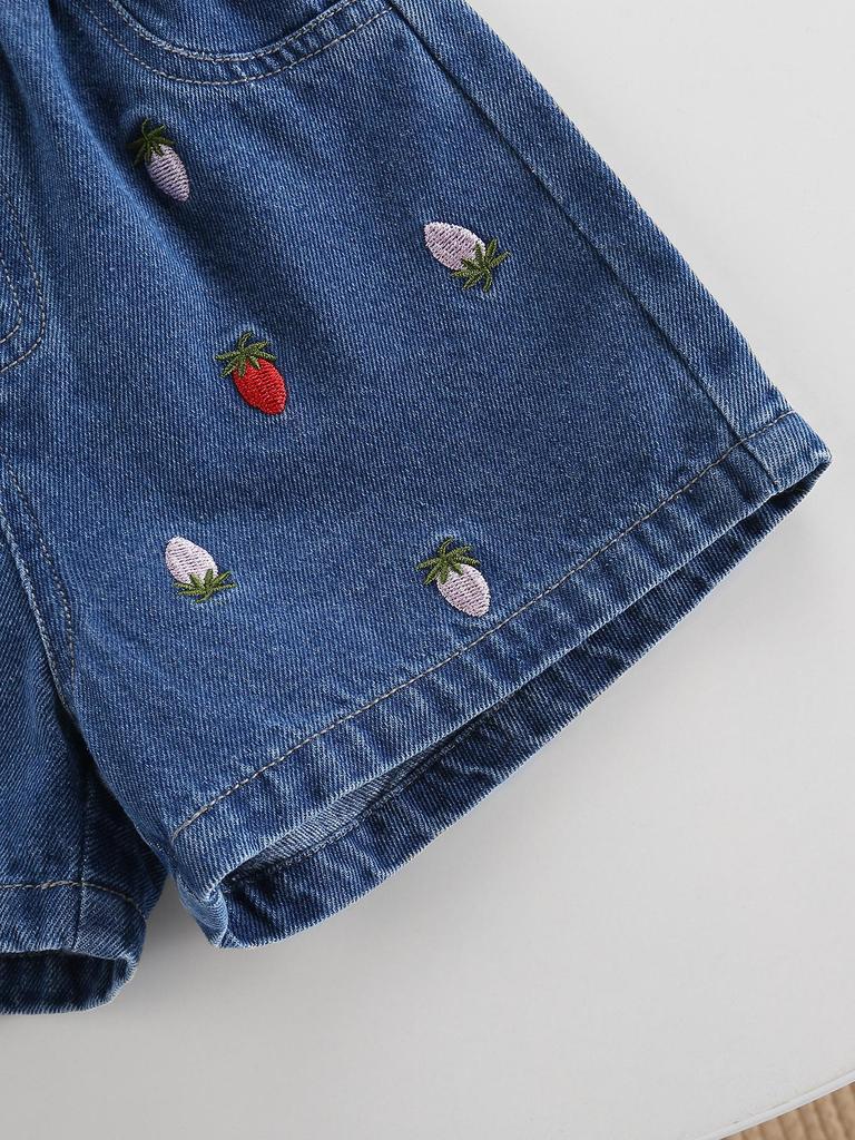 Two piece girls' casual cute and sweet strawberry bow printed vest paired with playful strawberry embroidery retro blue denim shorts set