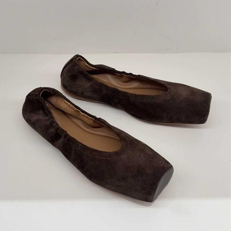 Nové francouzské retro čtvercová špička baleríny dámské kožené univerzální nízký nárt ploché boty