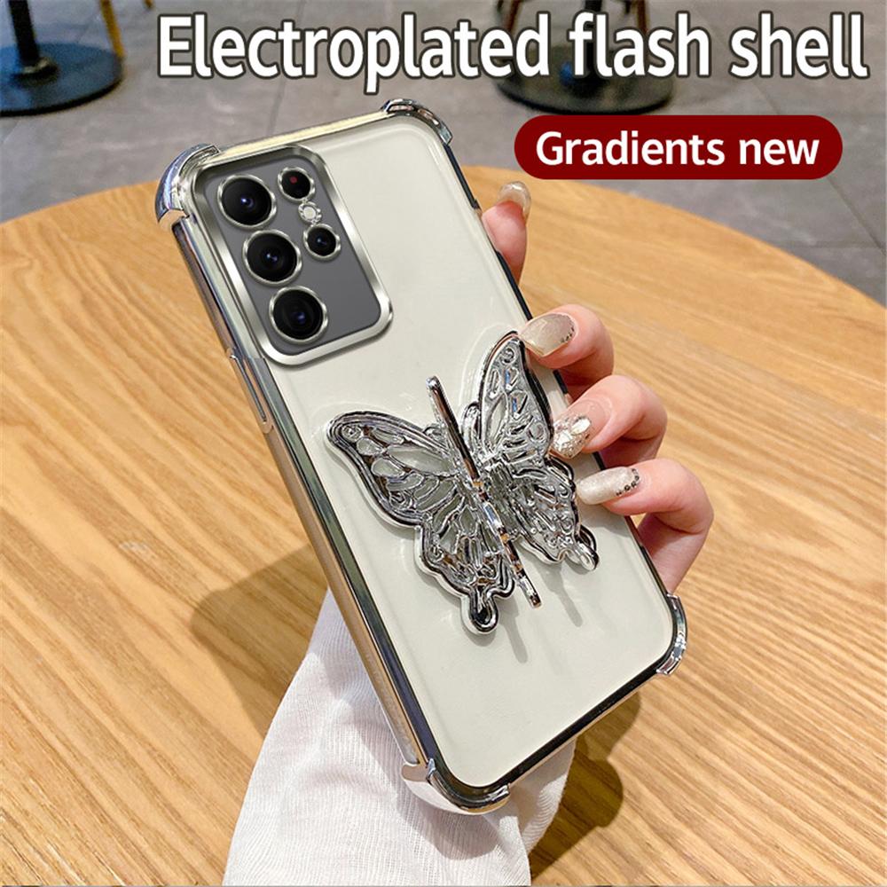 Shockproof Glitter 3D Butterfly Holder Stand Phone Case For Samsung S25 S24 S23 S22 S21 S20 FE Note 20 Ultra Plus Plating Cover