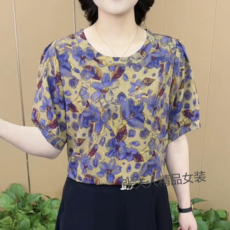 

Women s Purple Floral Print Short-Sleeve Chiffon Blouse Round Neck Loose Bubble Sleeve Summer Top L синій
