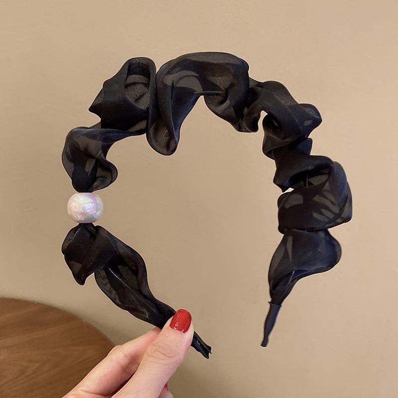 New Fashion Black Mesh Ruffle Pearl Headband For Women Girls Korean Sweet Lace Pleated Hoop Hair Band Hair Accessories