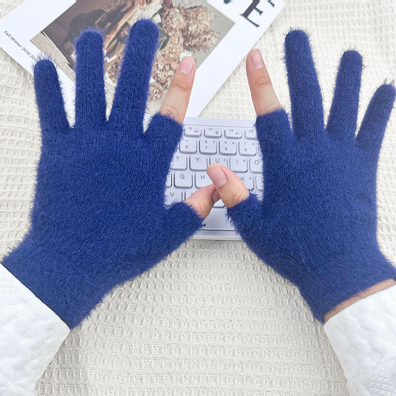 New Mink Fleece Half Finger Gloves for Women Soft Winter Warmth Solid Color Plush Thermal Fingerless Gloves for Cycling Running