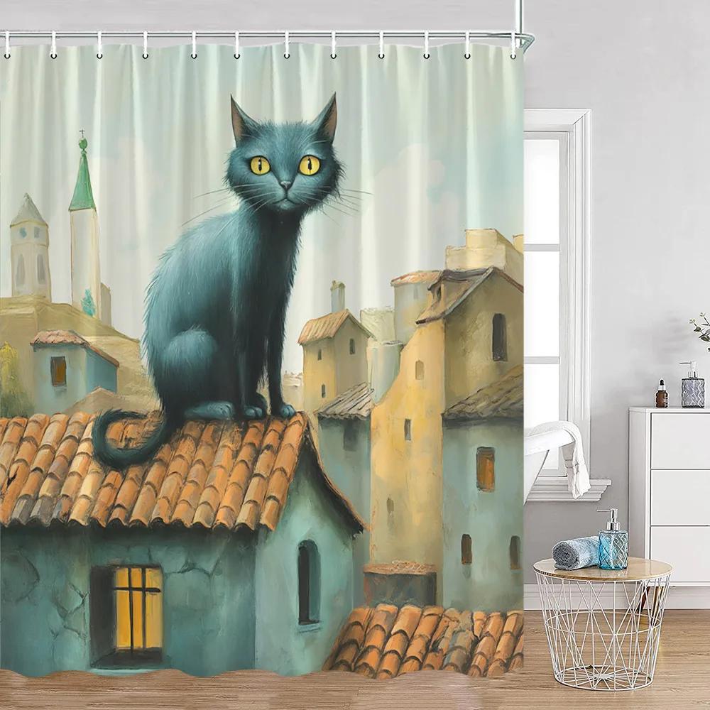 Grappige Katten Douchegordijn Katten Rijden op Haaien Cool Schattige Katten Honden Bloemen Zomer Badkamer Decoraties Polyester Badgordijn