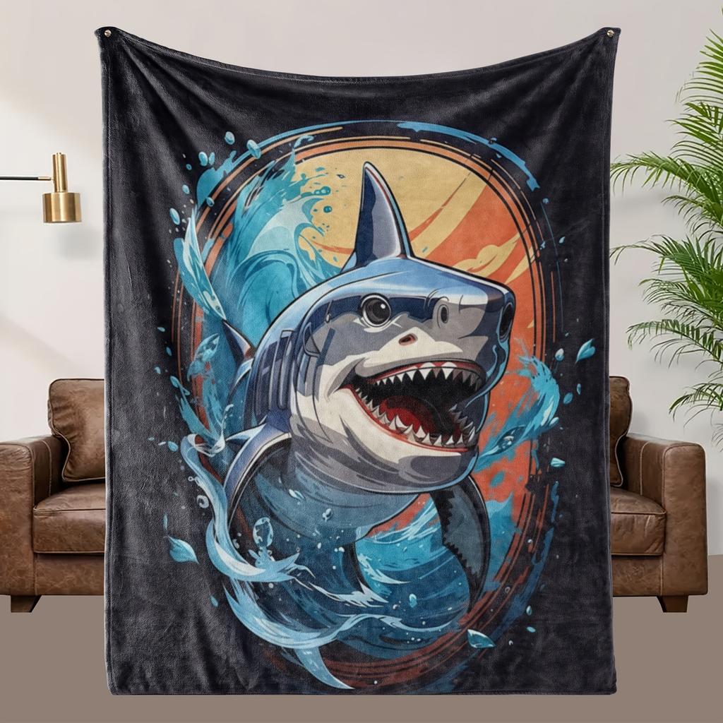 Shark Themed Blanket - Soft & Breathable All-Season Throw With Great White Shark Leap Design In Blue/Orange/, Machine Washable P