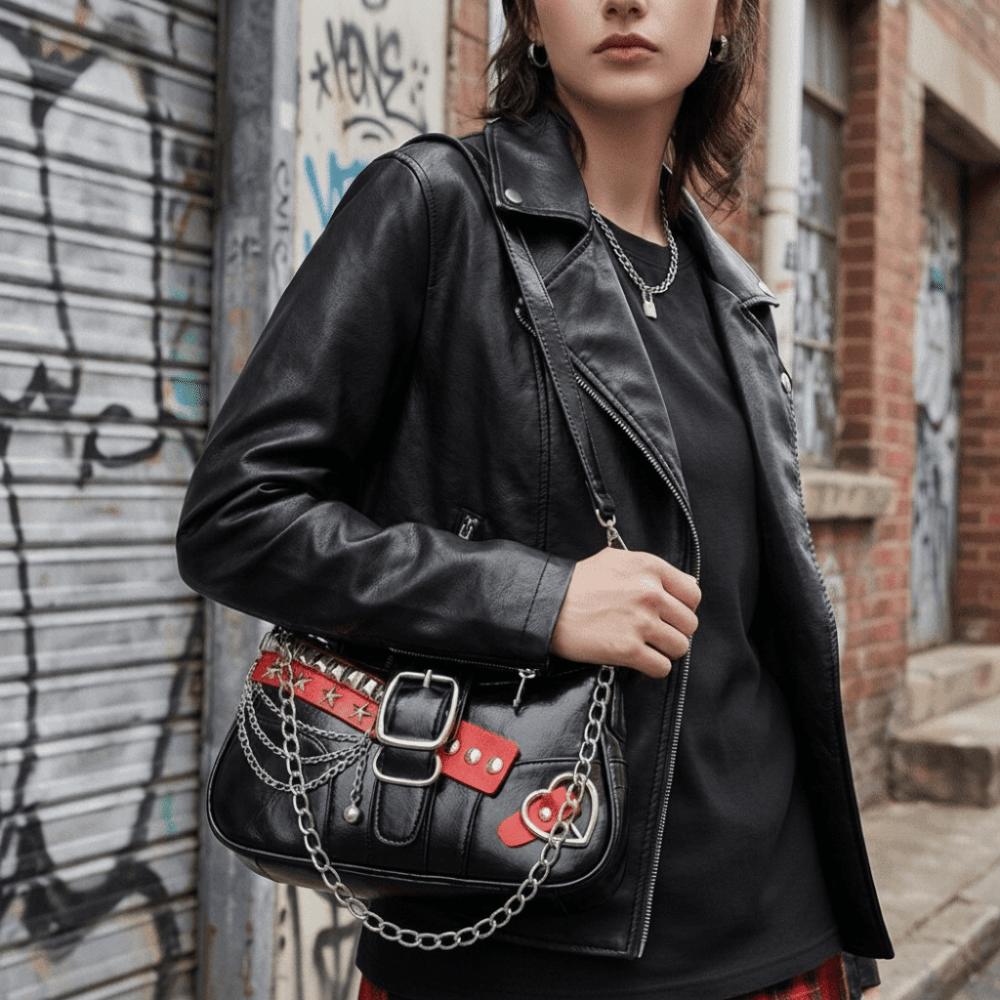 Punk Shoulder Bag Black Red Decor French Stick Handbag Fashion Star Rivet Underarm Bag  Daily