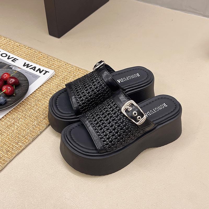 Baotou New Woven One Pedal 2025 Baotou Half Slippers Thick-soled Slippers Hollow Muffin Retro Cool Slippers Women