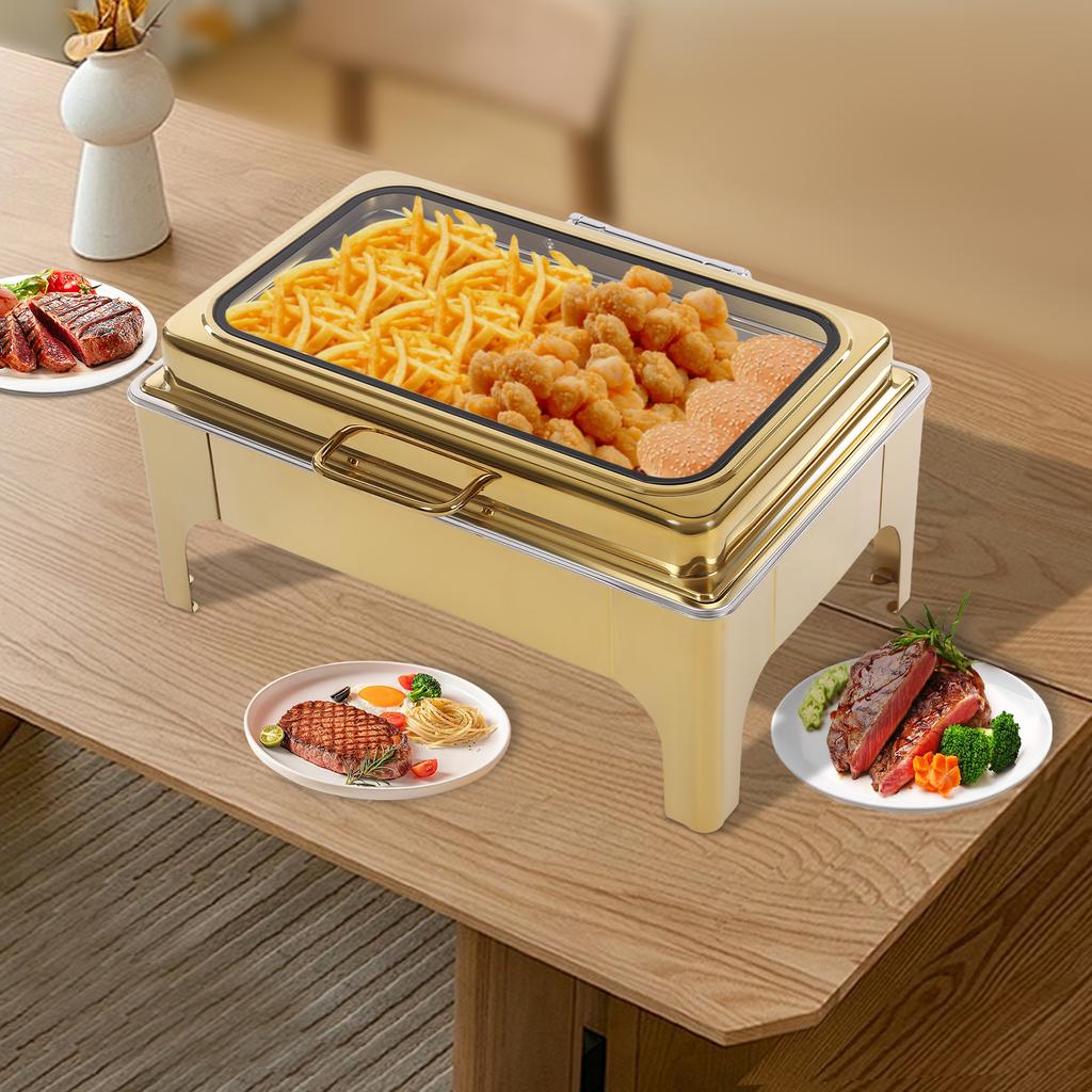 Gold 10L Single Compartment Buffet Chafing Dish, Commercial Food Warmer with 201 Stainless Steel Frame & Pans, Heated Server