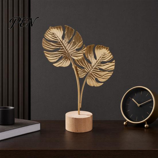 Modern Minimalist Leaf Statue Metal Ornaments, Gold Palm Leaf, Ginkgo Feather with Wood Tabletop Art Piece Base, Desktop Sculpture for Living
