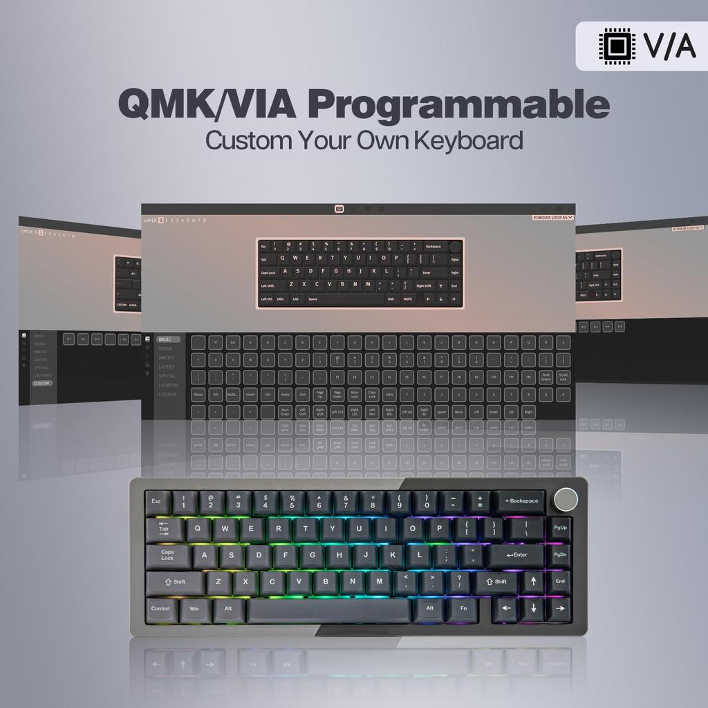 KiiBOOM Loop 65 Full Aluminum Block Mechanical Gaming Wireless Keyboard with FR4 and RGB for 65% Keyboard, QMK/VIA Keyboard, BT5.0/2.4GHz/USB-C