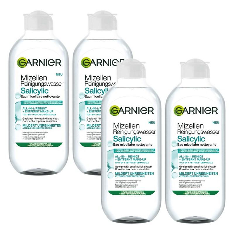 Garnier Skin Active Micellar Cleansing Water, Salicylic Acid Gentle Cleansing for Troubled Skin, 400ml, 4 pcs