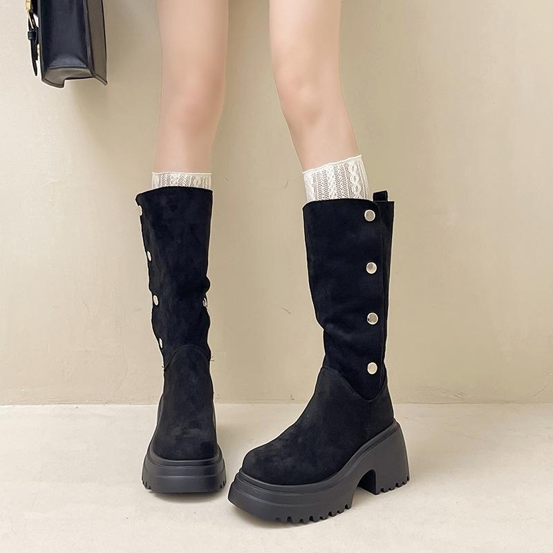 Versatile foldable tube circumference two wear thick-soled high boots autumn and winter design elastic boots women's thin knight boots