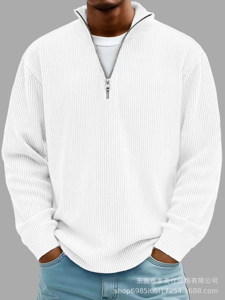 Men's Corduroy Long Sleeve Polo Sweatshirt Stand Collar Zip Neck Vintage Casual Top