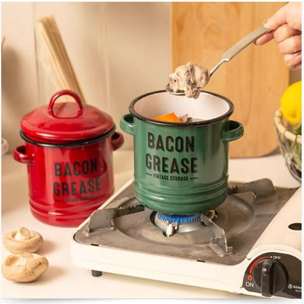 2 Handles Bacon Grease Container Lid Enamelware Cup 2025 Seasoning Storage Tank