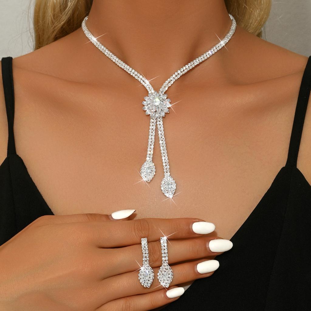 Flower Zircon Necklace Light Luxury Bridal Jewelry Wedding Dress Jewelry Set Banquet Accessories