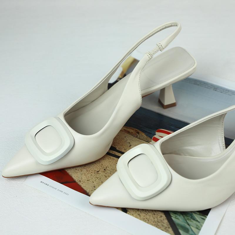 Fashion Chic White Point Toe Slingback Heels Women Summer Sandals 2025 Fashion Designer Brand Square Buckle Lady Shoes Mid Heel Elegant