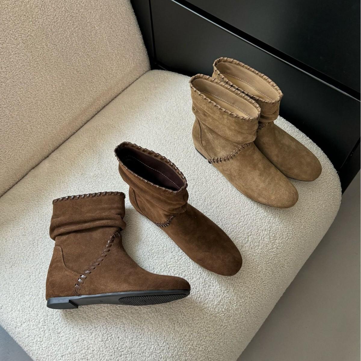 

2025 winter new thick-soled pleated inner sloping heel woven suede round head low tube thin Martin women s short boots 40 хаки