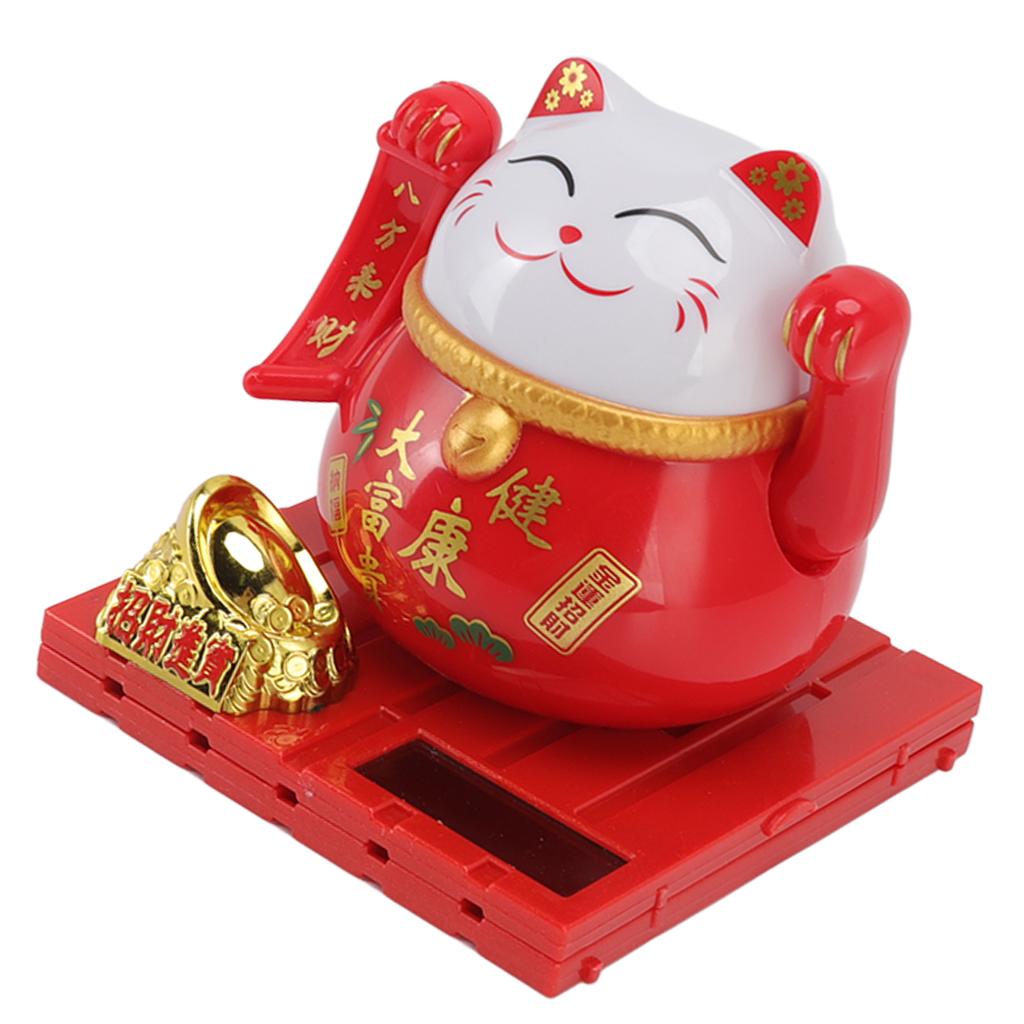 Solar Powered Waving Red Fat Cat Good Luck Wealth Welcoming Lucky Fortune Cat Home Room Office