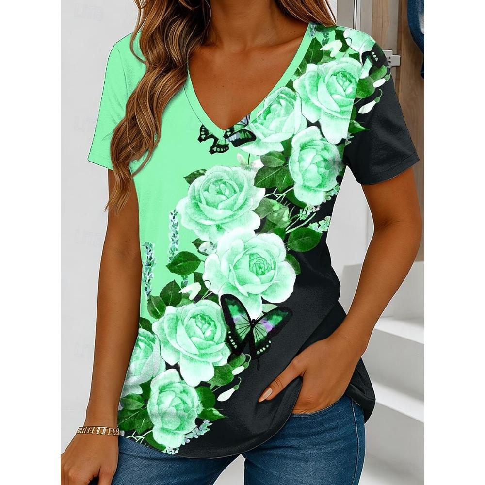 Women's Color Block Floral Print T-Shirt, Vintage V-Neck Short Sleeve, Blue Pink Purple Green, Spring Summer