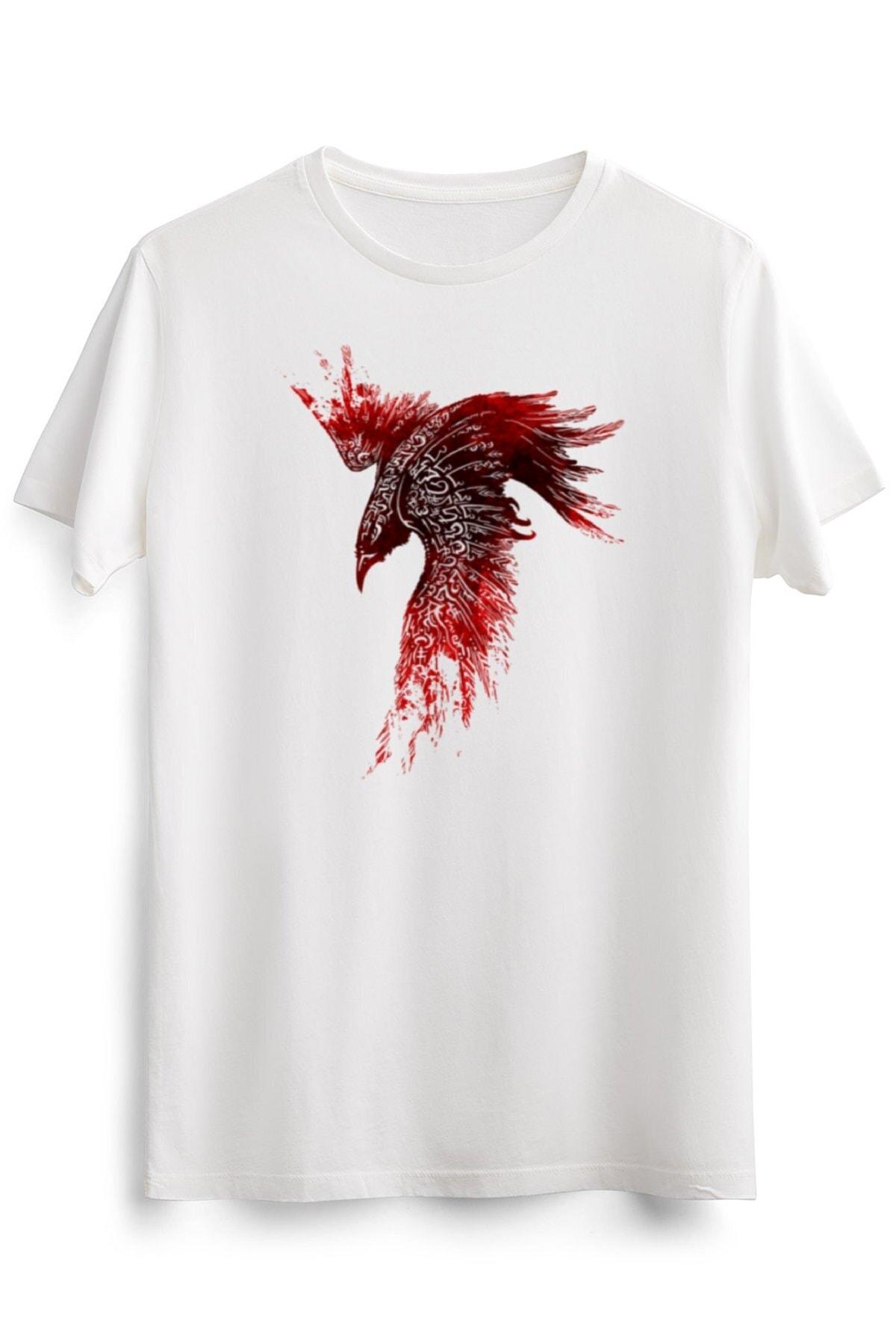 

Erkek Beyaz Viking Raven Crow Norse Style Nordic Mythology T-shirt