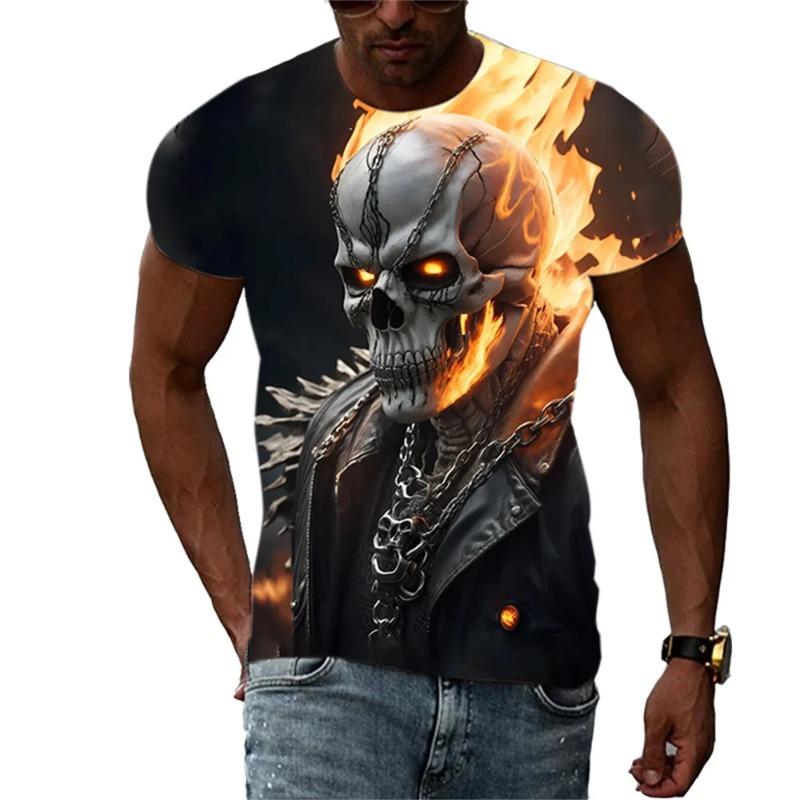 Summer Men s Fashion Trend New T-shirt 3D Flame Skull Digital Print Hip Hop Loose Street Clothing Casual Daily Round Neck Top S