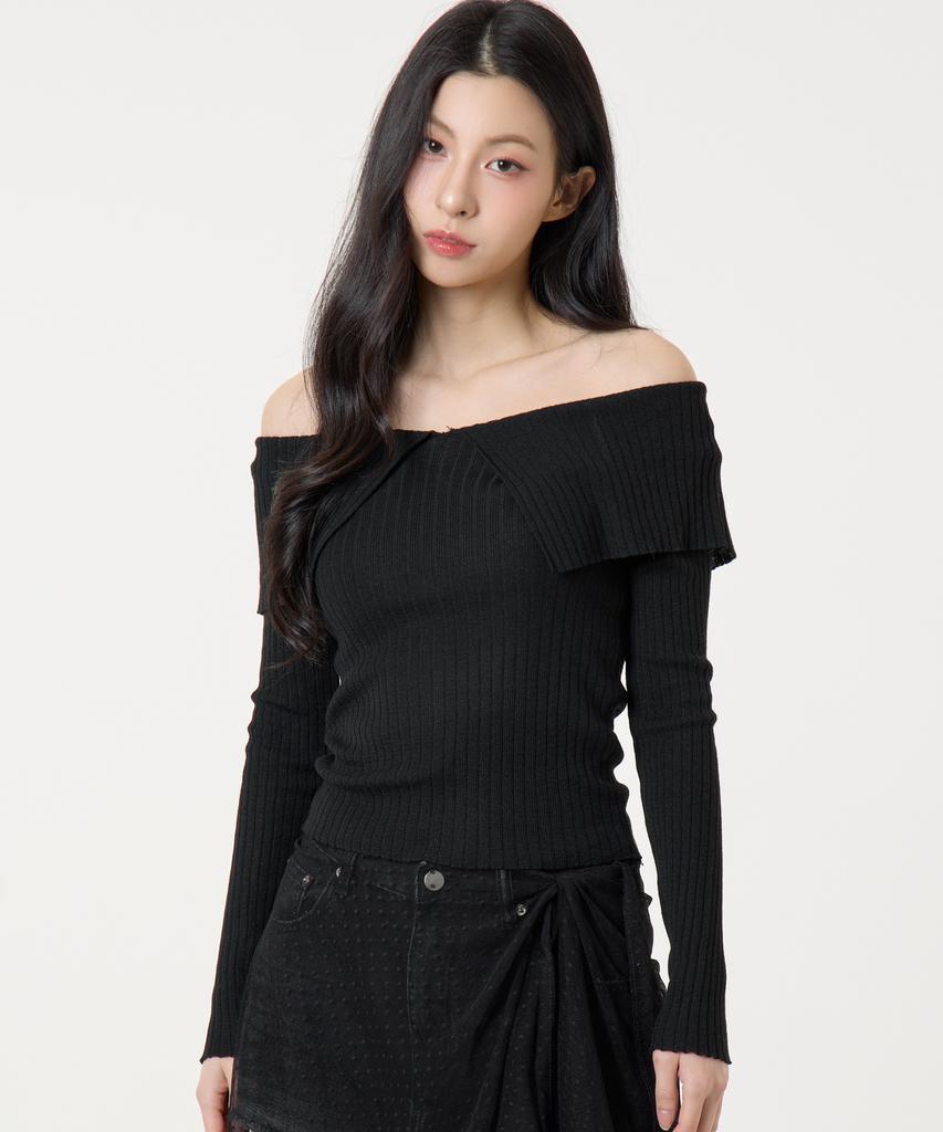 UNKNOWN PLANET Ruffle Boat Neck Long Sleeve Knit Top Black