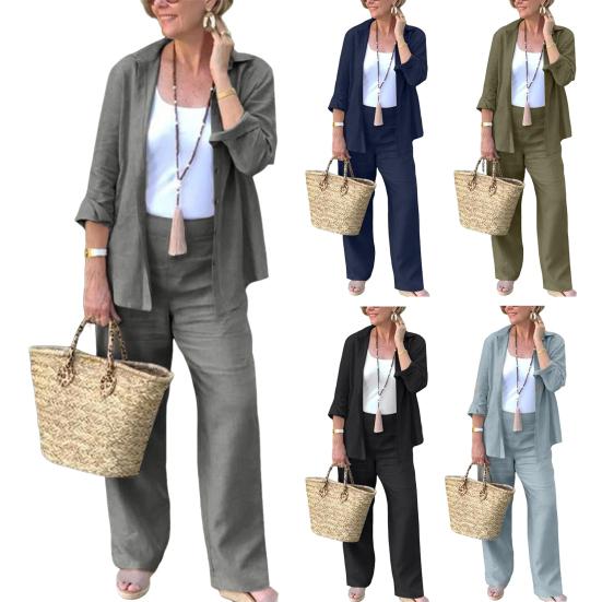 2 pezzi/set donna camicia pantaloni set ampio risvolto monopetto lunghezza media manica lunga camicetta alta elastico in vita gamba larga pantaloni abbigliamento quotidiano
