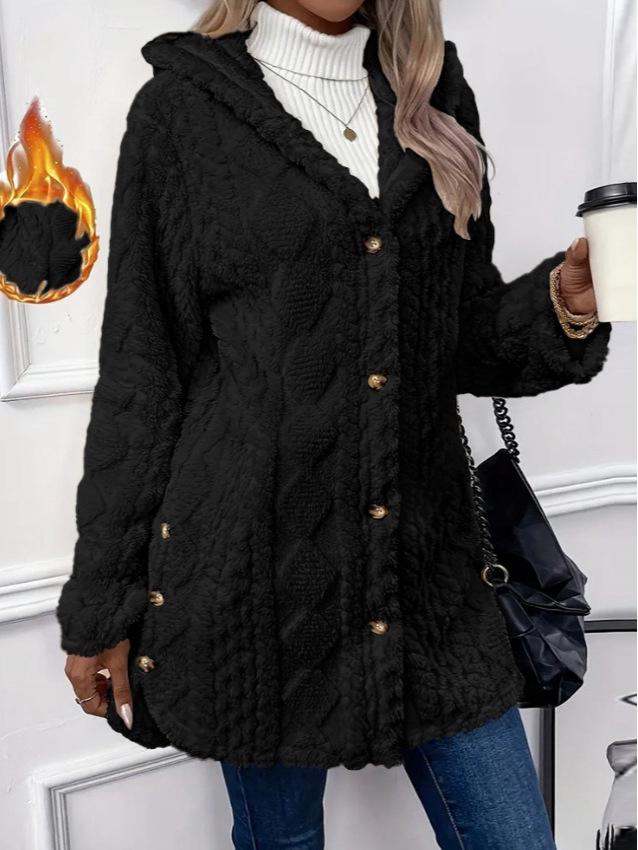 2025 Fall/Winter Women's Hooded Plush Cardigan with Buttons, Solid Color, Long Sleeve, European & American Style