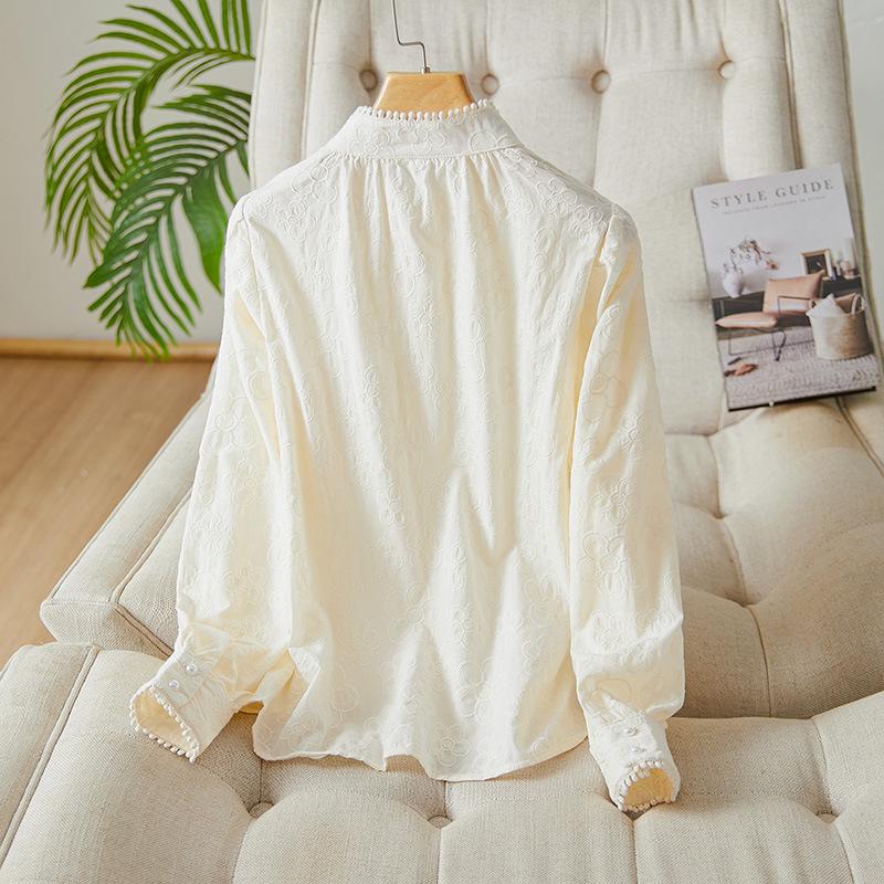 Crew Neck Shirt New Pearl Buckle Embroidered Top Pure Cotton Temperament Shirt