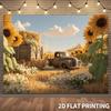 2D Plane 1 Piece of Vintage Sunflower Field and Vintage Truck Hay Pile Background Fabric Rural Decoration Rural Style
