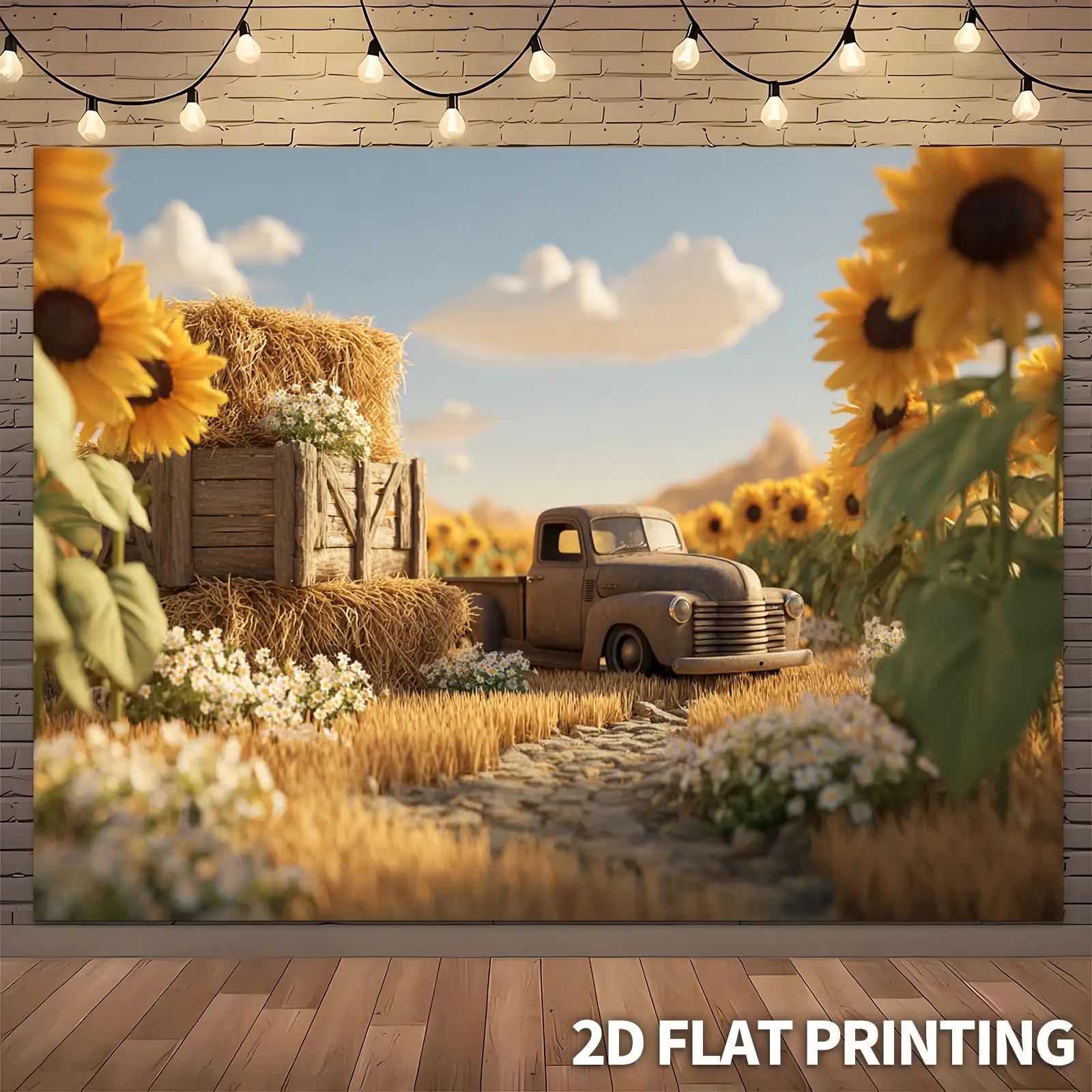 2D plane 1 piece of vintage sunflower field and vintage truck hay pile background fabric rural decoration rural style 100x150cm