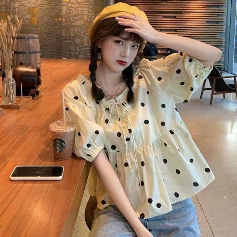 Short-sleeved shirt chiffon polka dot new Korean version bubble sleeve lace-up shirt women's clothing summer loose and thin