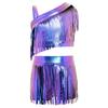 Children’s Sparkly Metallic Fringe Asymmetric Top and Stretchy Waist Shorts Set for Jazz Dance Stage Show Theme Party