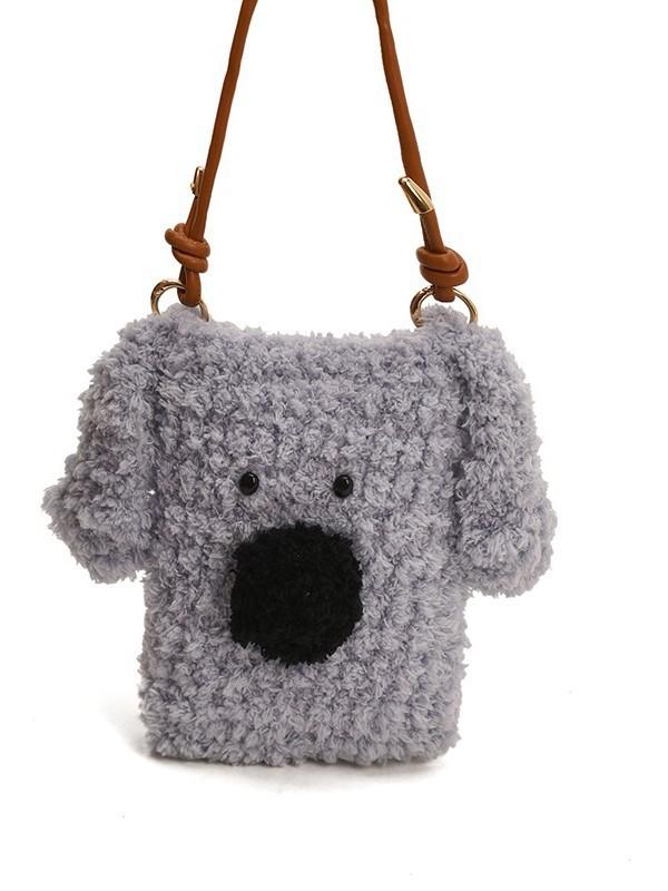 Plush Dog Cartoon Woolen Handbag With Phone Pocket For Daily Use