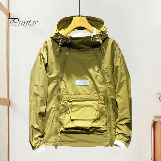 Trenci pentru bărbați, cu glugă, cu șnur, cu mânecă lungă, cu fermoar dublu, cu fermoar, de culoare solidă, cu buzunar mare, îmbrăcăminte în stil stradal