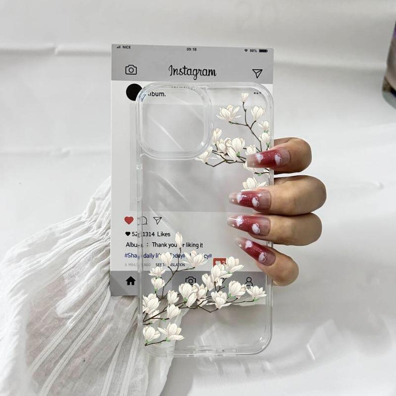 Aesthetic Pink Magnolia Flower Phone Case For iPhone 15 16 14 13 12 Mini 11 17 Pro Max XS XR 7 8Plus Shockproof Clear Hard Cover