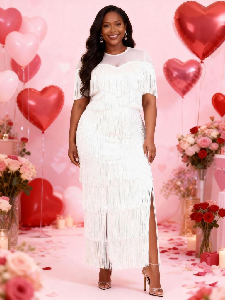 Falda Transparente con Borlas y Abertura Lateral de Cuello Redondo para Mujer Tallas Grandes - Vestido para Fiesta de Vino y Banquete