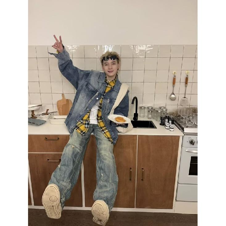 Herbst und Winter Neue amerikanische High Street gewaschene helle Jeans für Männer und Frauen mit geradem Bein, leicht ausgestelltem Bein und weitem Bein