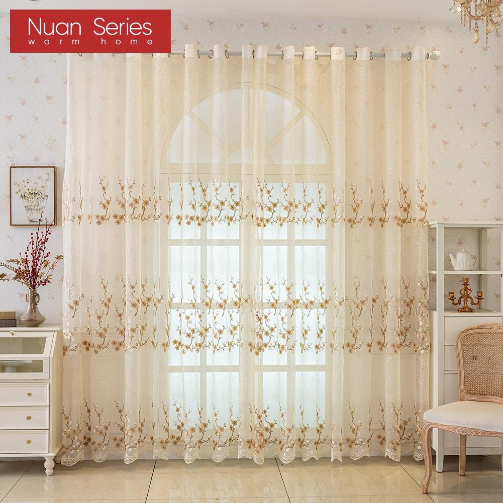 1PC Nuan Series European Retro Embroidered Sheer Curtain, Plum Blossom Pattern Transparent Curtain for Living Room Bedroom Balcony Window Home Decor