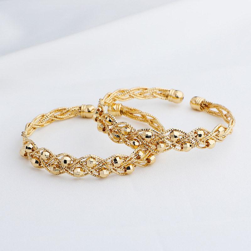 14K Gold Plated Engraved Pattern Bangle with Laser Bead - Handmade Wire Wrapped Bracelet Accessory.