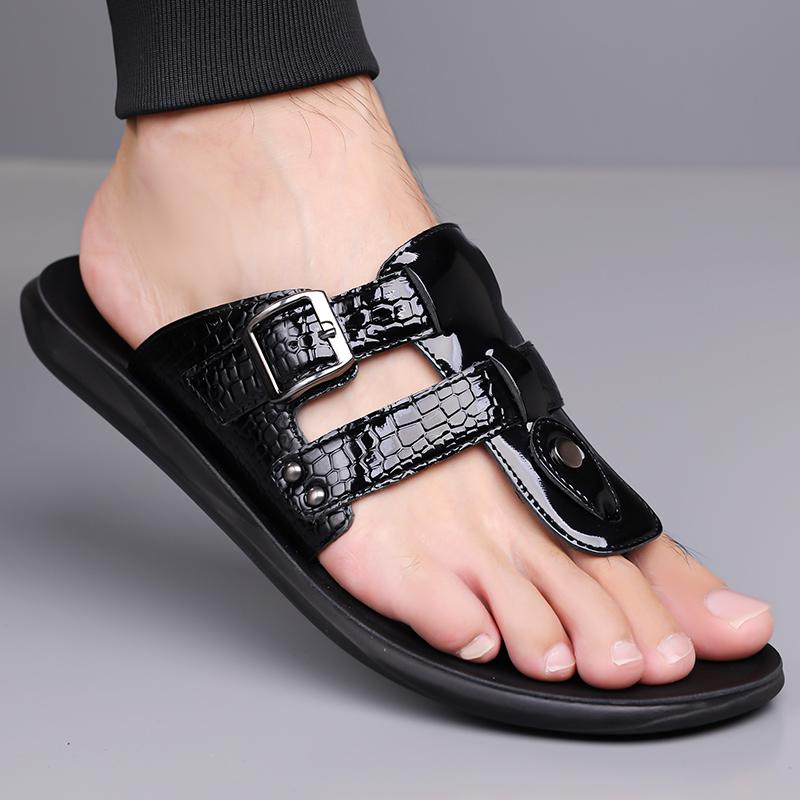 Men Black Leather Slippers Simple Flats Summer White Flip Flops Outdoor Sandals Blue Open Toe Beach Shoes Plus Size
