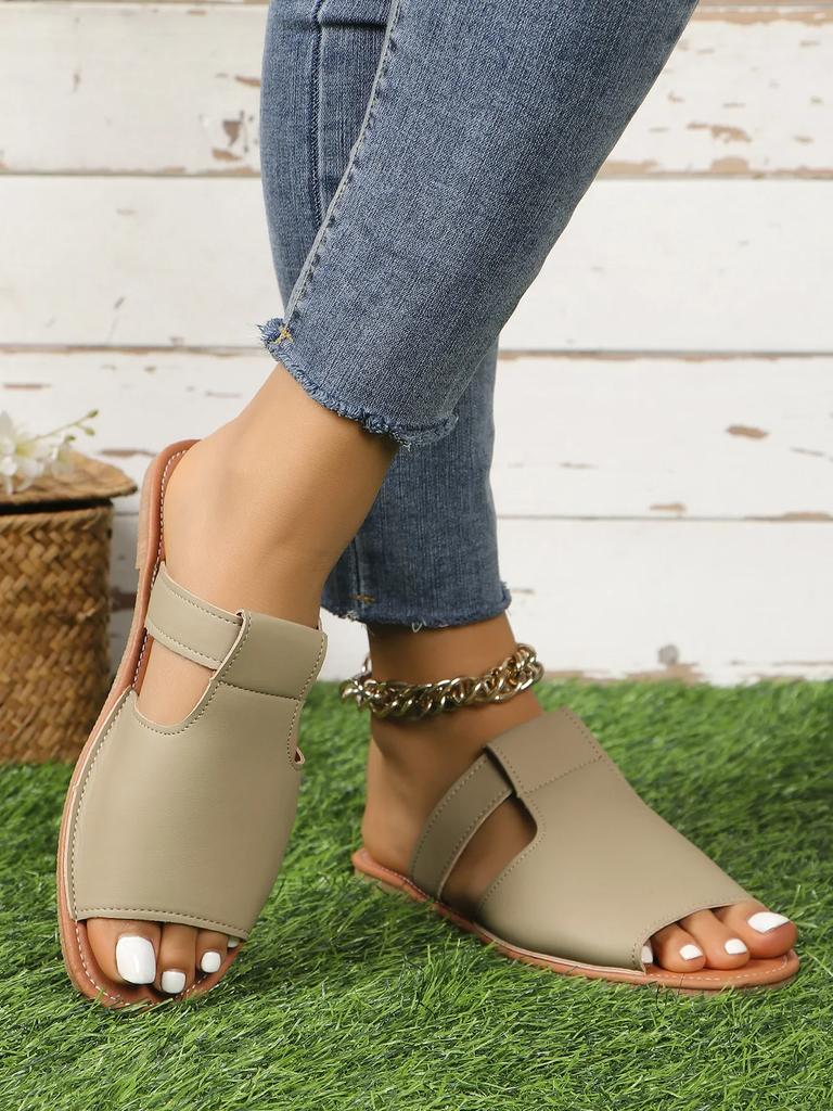 Fashion Ladies' New Summer Flat-bottomed Open-toed Slippers, Solid-color Fish-mouth Beach Cool Slippers
