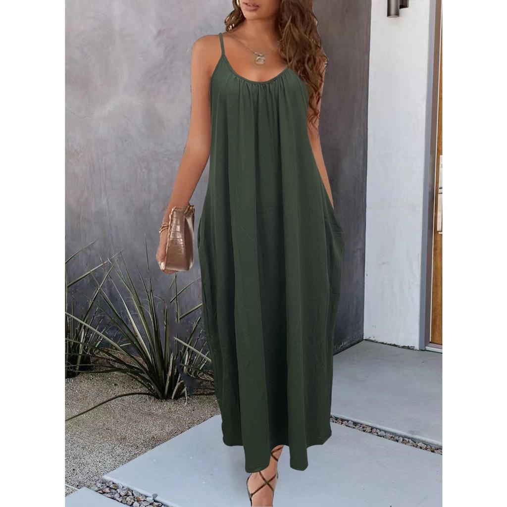 Women's Solid Color Low-cut V-neck Loose Laxy Style Sling Dress, Slimming Spring Summer Casual Dress for Foreign Trade