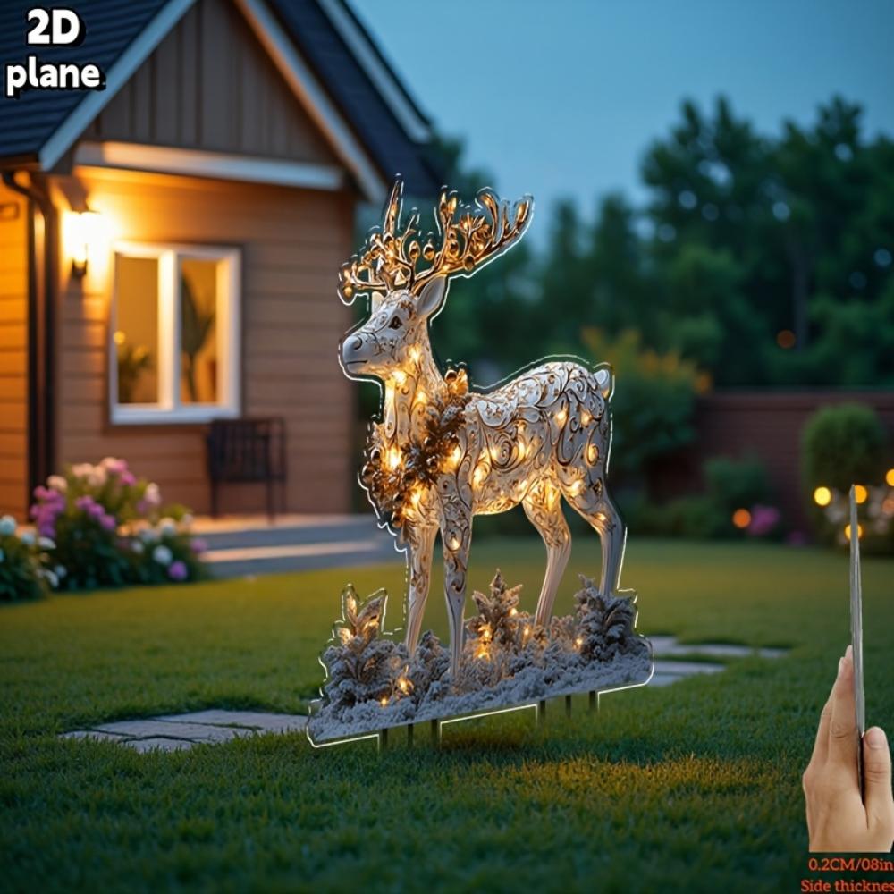 Model plat 2D Ren de Crăciun Pilon de grădină 2D Acrilic plat Decor de exterior pentru terasă, Decorațiune de sărbători Grădină și terasă, Ren Crăciun
