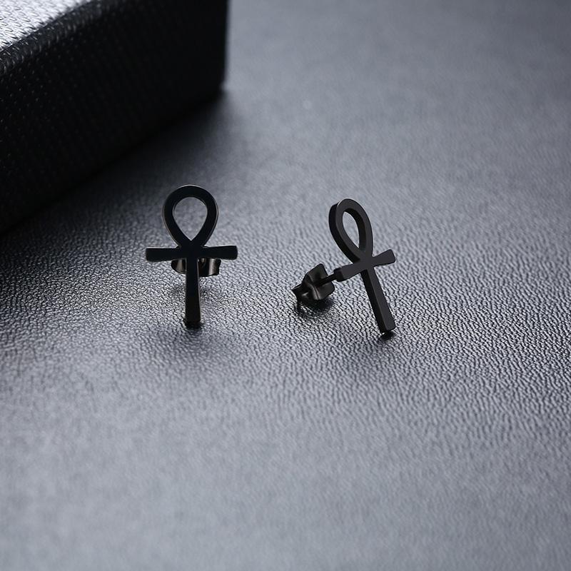 WOMNE MEN'S ANKH CROSS EGYPTIAN STUD EARRINGS STAINLESS STEEL the KEY of LIFE NILE CRUX RASTA EARRINGS