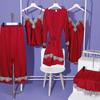 Pajamas Women's Spring Autumn Winter Thin Ice Silk Suspender Pajama Five-piece Set with Chest Pad Lace Sexy Loungewear