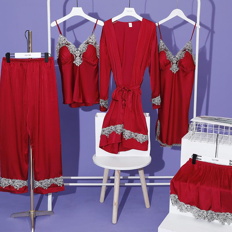 Pajamas Women's Spring Autumn Winter Thin Ice Silk Suspender Pajama Five-piece Set with Chest Pad Lace Sexy Loungewear